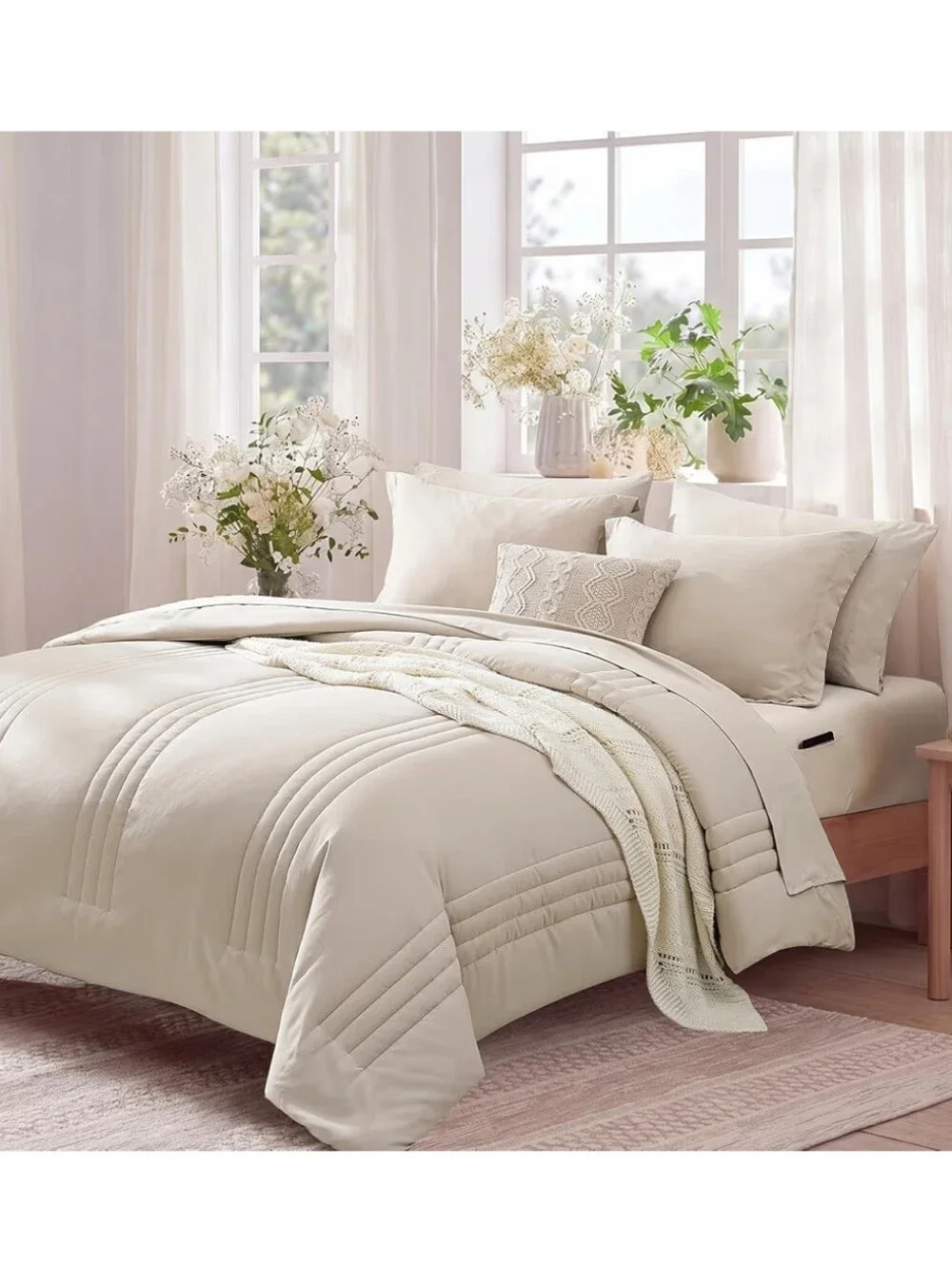 Monbix Oversized King Size Comforter Set - 7 Pieces Apricot Beige Bed in a Bag